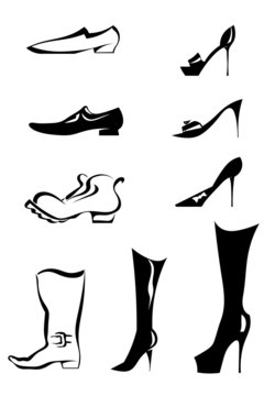Set of black silhouettes of stylized men's and women's shoes. Ve