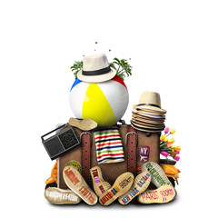 Travel, retro suitcase with travel hats and old shoes