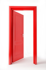 red opened door on white background