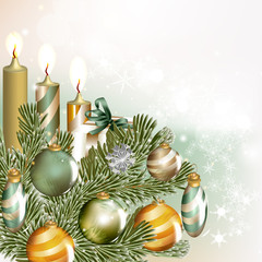 Christmas background with baubles and fir branches