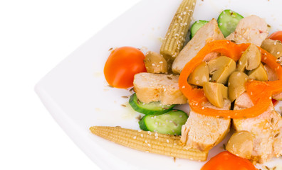 Close up of meat salad with vegetables.
