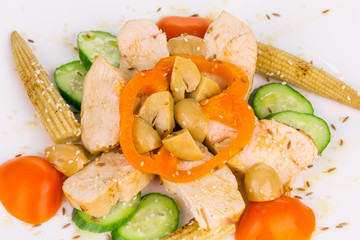 Meat salad with vegetables.