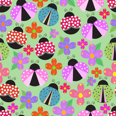 Seamless background with beetles and flowers