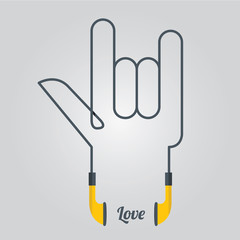 Love Symbol Hand and Music with Earphones in Flat Design, Vector