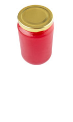 A bottle of strawberry jam over white background 