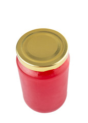 A bottle of strawberry jam over white background 