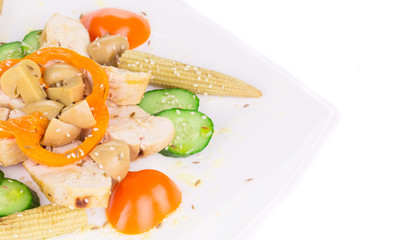 Close up of meat salad with vegetables.