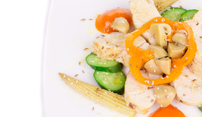 Close up of meat salad with vegetables.