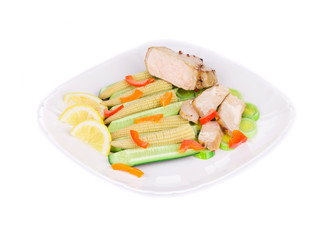 Close up of meat salad with vegetables.