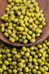 Mung beans over wooden spoon