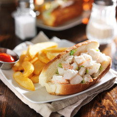 lobster roll with french fries and ketchup