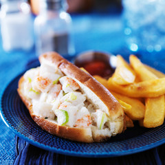 lobster roll and french fries with ketchup