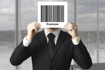 businessman hiding face behind sign barcode employee