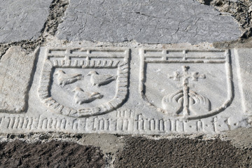 Ancient remains displayed in the Castle of St Peter or Bodrum Castle in Bodrum, Turkey