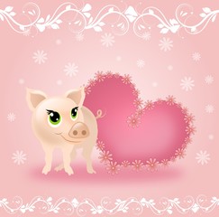 Cute pig with pink heart