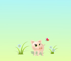 Small pig with grass on background