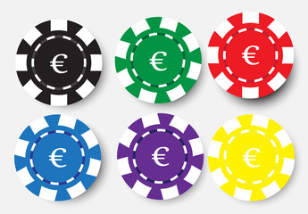 six poker chips isolated on white background