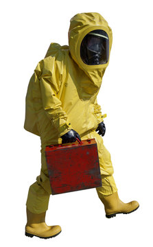 Man with briefcase in protective hazmat suit. Isolated on white.