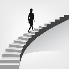 woman walking up on spiral staircase - obrazy, fototapety, plakaty