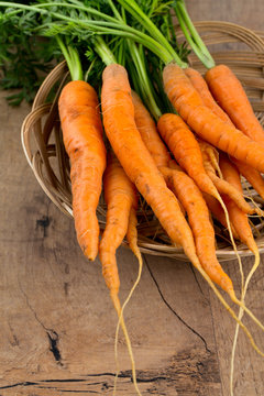 fresh carrots on wooden surface