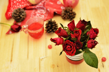 Fototapeta na wymiar Romantic red theme rose vintage lamp apple decor idea