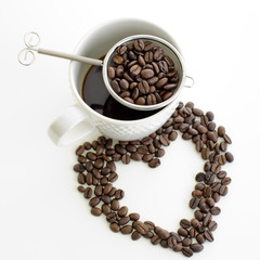 Coffee cup and coffee bean line heart shape on white background