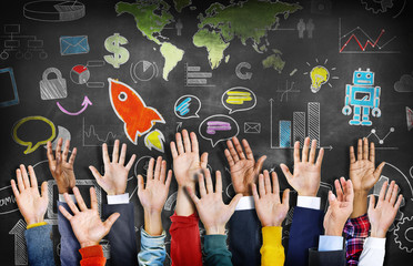 Group of Diverse Hands Raised with Symbols