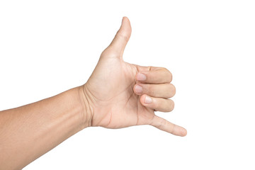 hand in shaka or calling gesture on a white isolated background