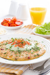 dietary omelette with carrot, green yogurt sauce for breakfast