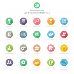 Set of Round Long Shadow SEO and Development icons Set 2