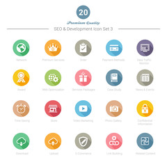 Set of Round Long Shadow SEO and Development icons Set 3