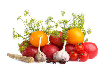 decorative pattern of fresh vegetables on white background