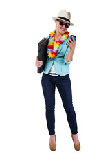 woman talking by phone smiling in hawaii flowers over white back