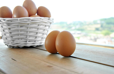 eggs in a white wicker basket