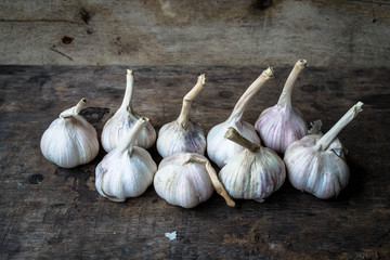 Still life with garlic on the old wooden background