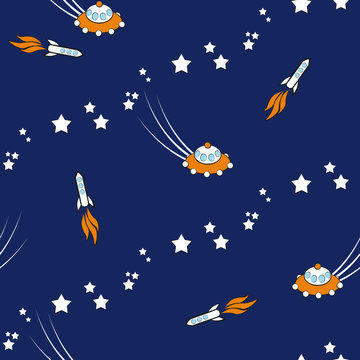 Seamless space vector pattern with spaceship and ufo