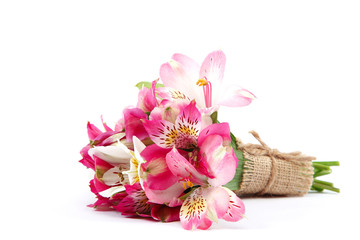 Bouquet of lily flowers on a white background.