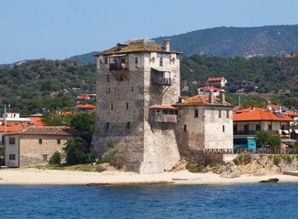 Old tower in the port of Ouranoupolis, Greece