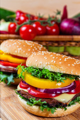 homemade hamburger with fresh vegetables, close up