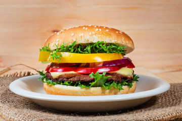 homemade hamburger with fresh vegetables, close up