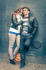 Fototapeta na wymiar Modern fashion hipster couple of young lovers with autumn style
