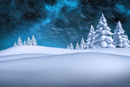 Composite image of white snowy landscape with fir trees