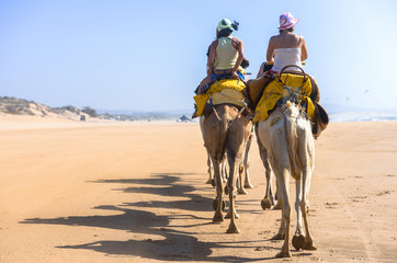 Tourists riding on the back of camels along sandy shore