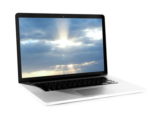 Laptop with screensaver isolated on white