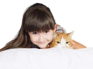 Funny caucasian child kid girl with red cat isolated