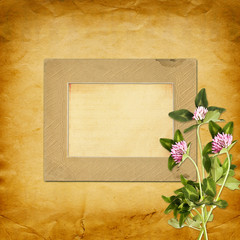Old vintage frame for photos and bouquet of flowers of pink clov