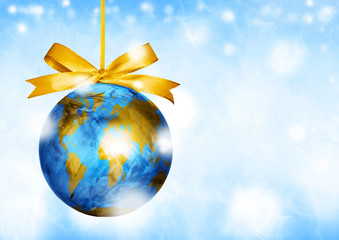 World map globe ornament ball. Christmas. Winter travel.