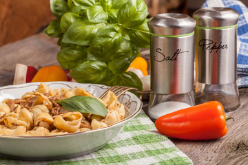 Pork stew with mushrooms, basil and red pepper.