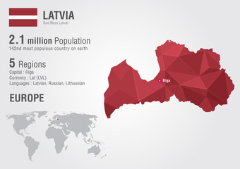 Latvia world map with a pixel diamond texture. - obrazy, fototapety, plakaty