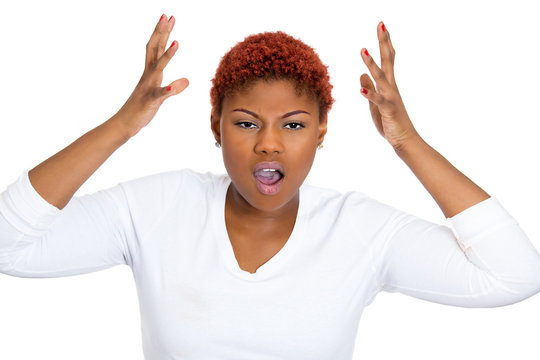 Pissed off, angry woman screaming isolated white background 